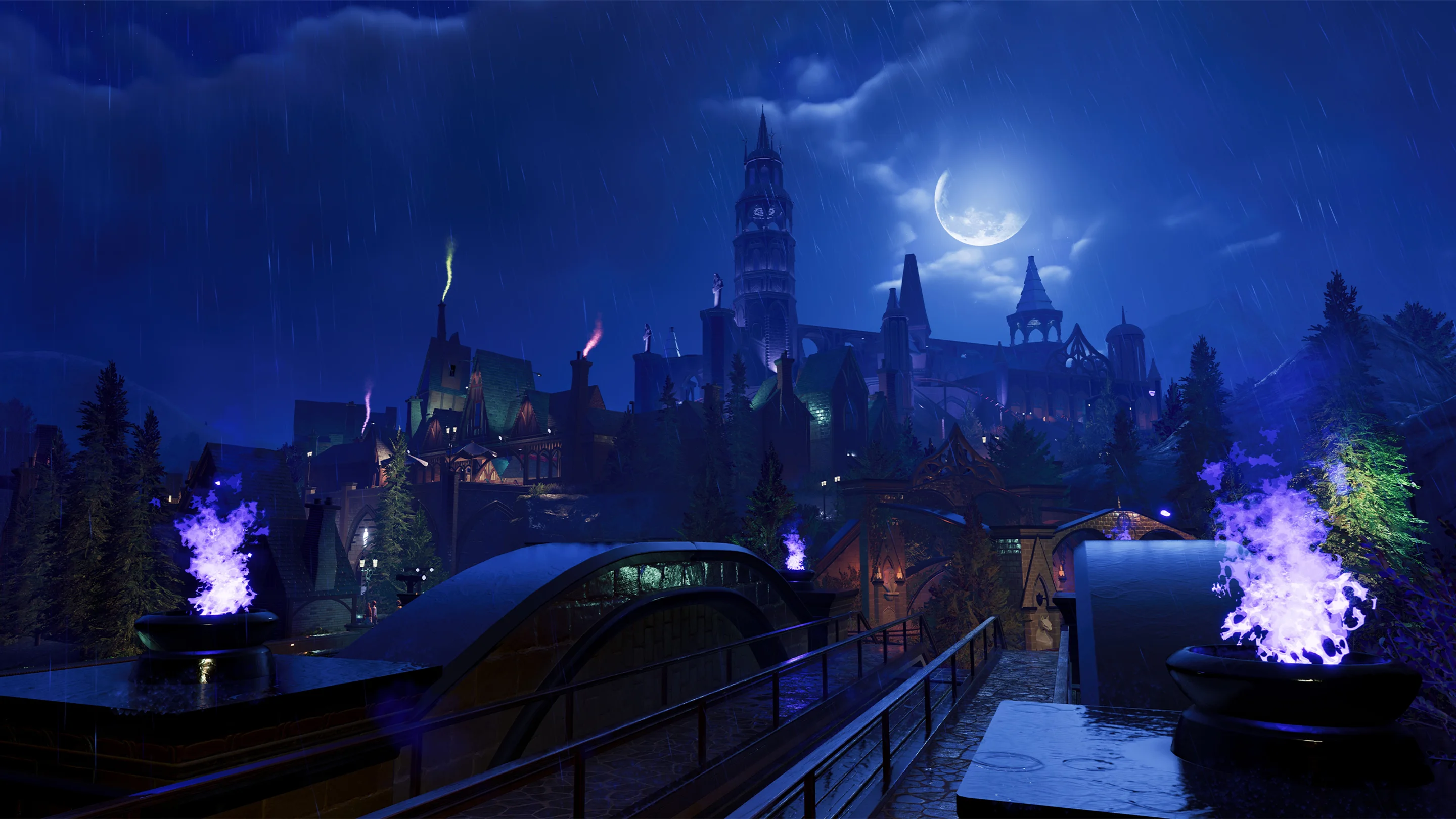 Image of new scenery items, against a moonlit sky