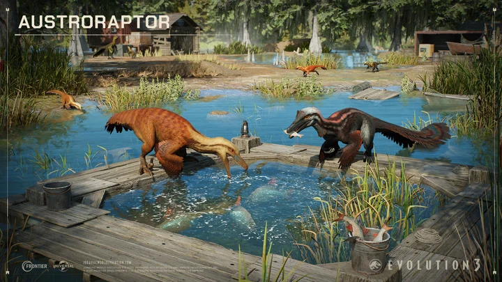 Jurassic World Evolution 3 - Wetlands - Screenshot 01 - Austroraptor family unit